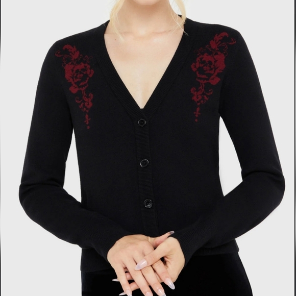 Killstar Sweaters - Killstar Black Cardigan with Red Floral Design